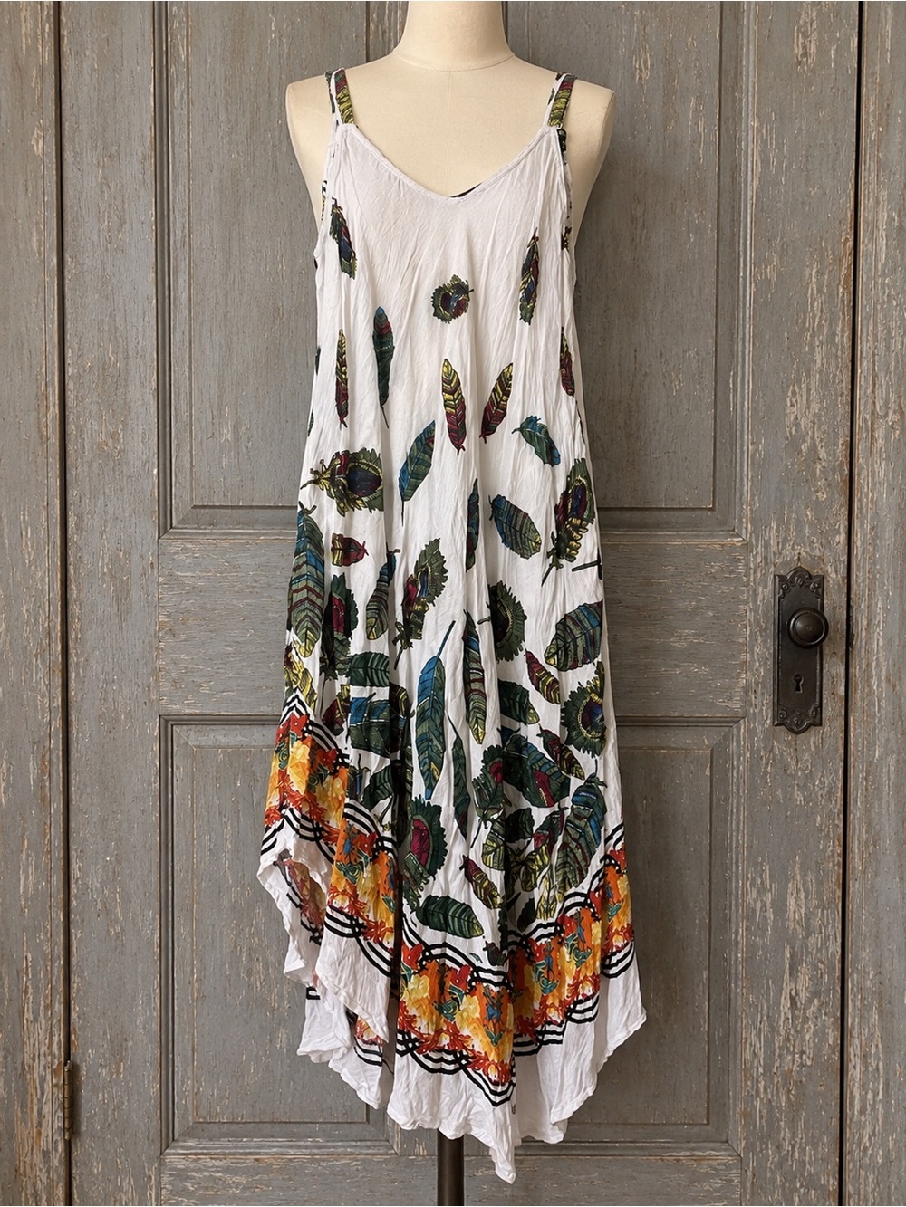Women’s White Feather Print Maxi Dress with Orange Border